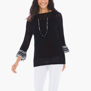 CHICO'S Black Open Knit Ruffle Bell Sleeve Women's Sweater/Tunic